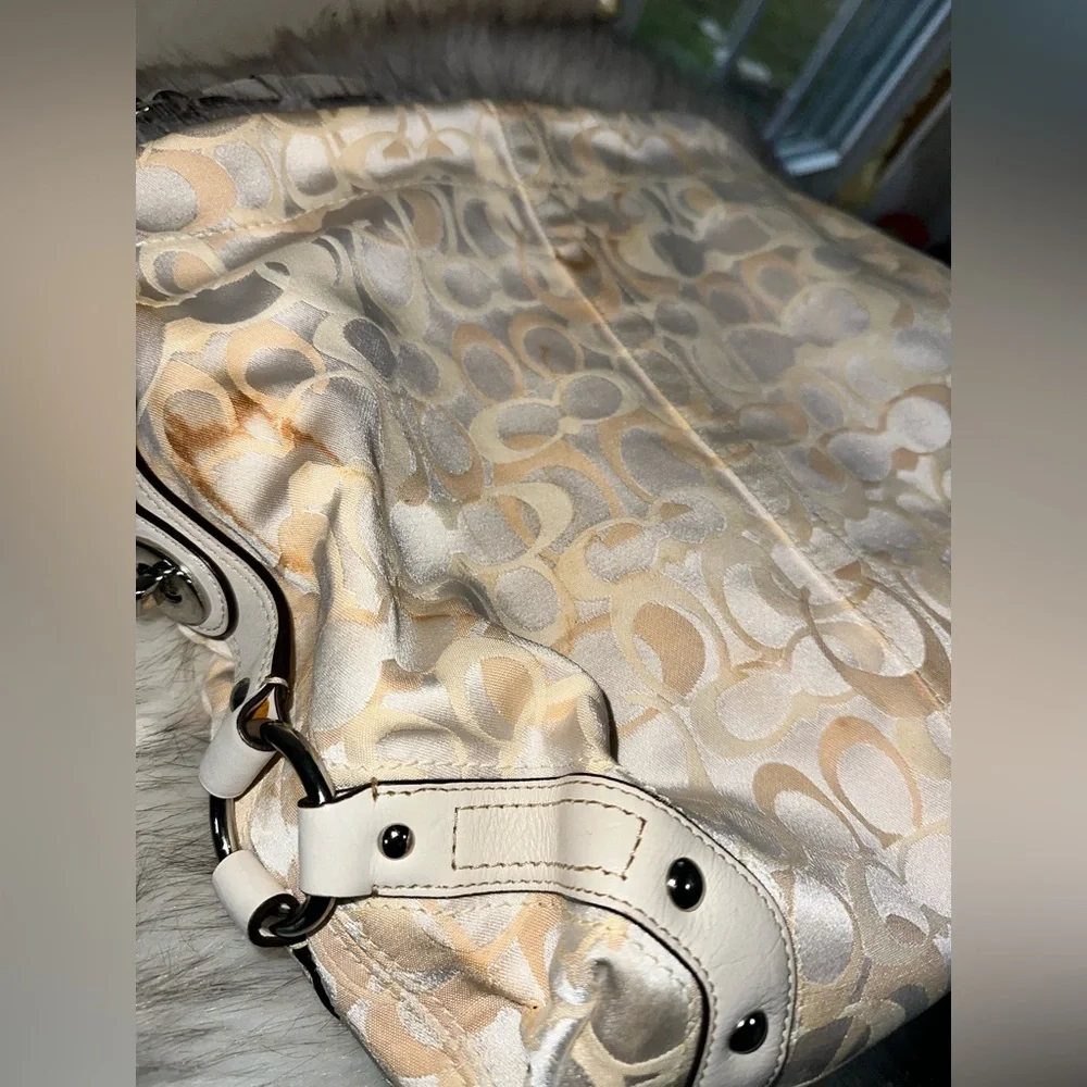 COACH Pearl White + Beige Canvas and Leather Carly Hobo Bag No H09873-F13981 - Picture 14 of 16